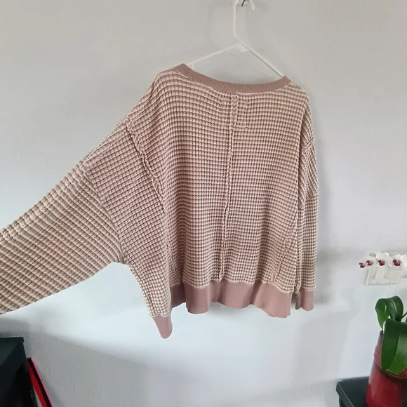 American Eagle Waffle Knit Sweater L Oversized Blush Cozy Casual Top - Picture 7 of 9